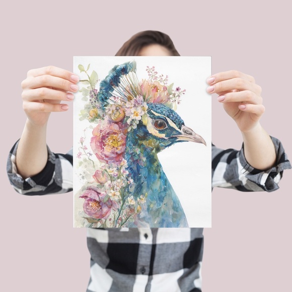 Watercolor Floral Peacock Wall Art Illustration Print Poster Card Unframed - Picture 3 of 9